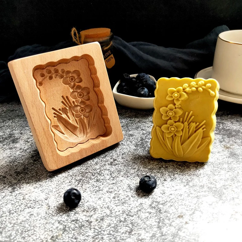 1pc Wooded Embossed Sunflower Flowers and Birds Cookie Mold For Baking Kitchen Cookie Cutter Gingerbread Stamp Biscuit