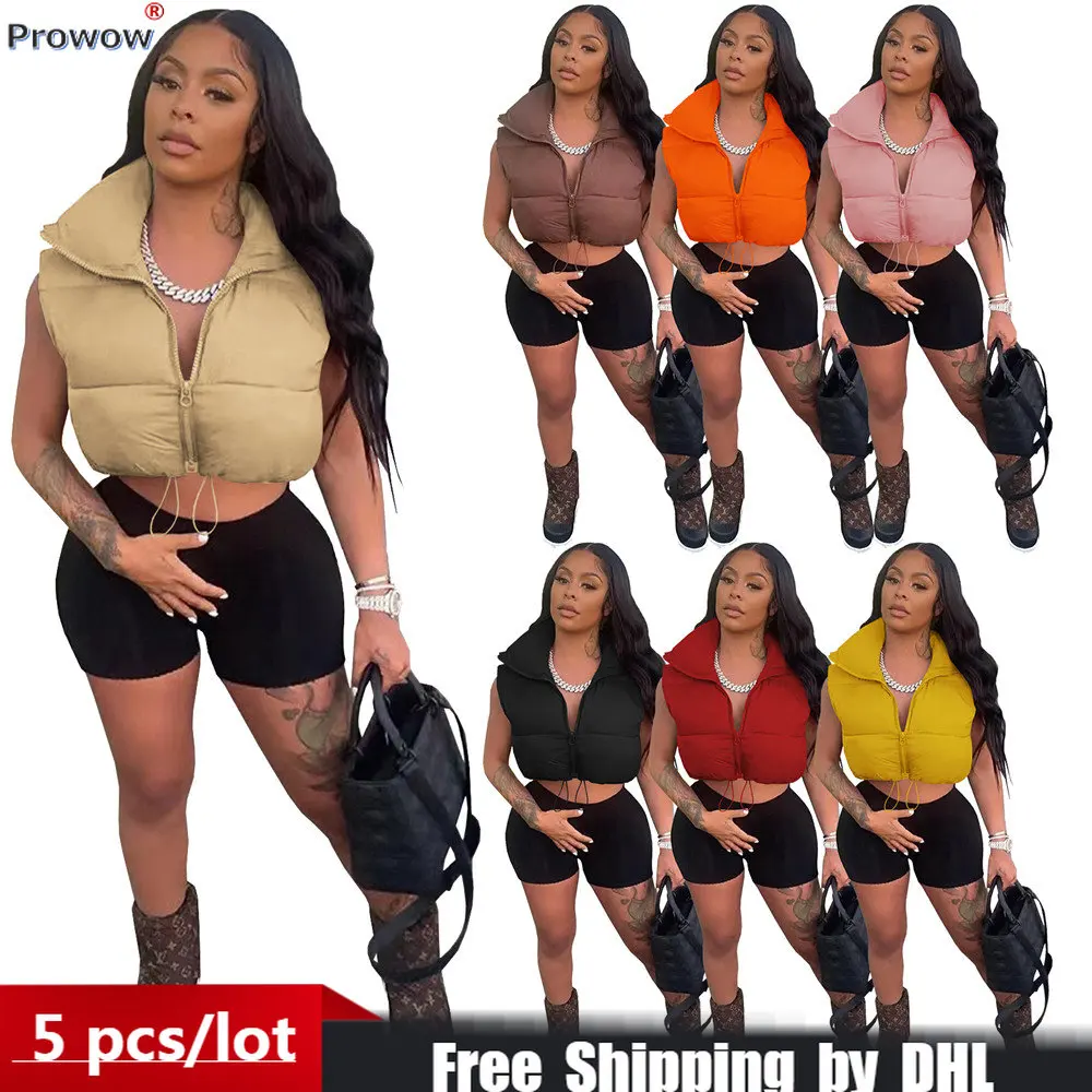 

2023 Winter Women Cotton Vest Casual Solid Sleeveless Down Coat Lady Clothes Fashion Stand Collar Jacket Crop Top Wholesale 8774