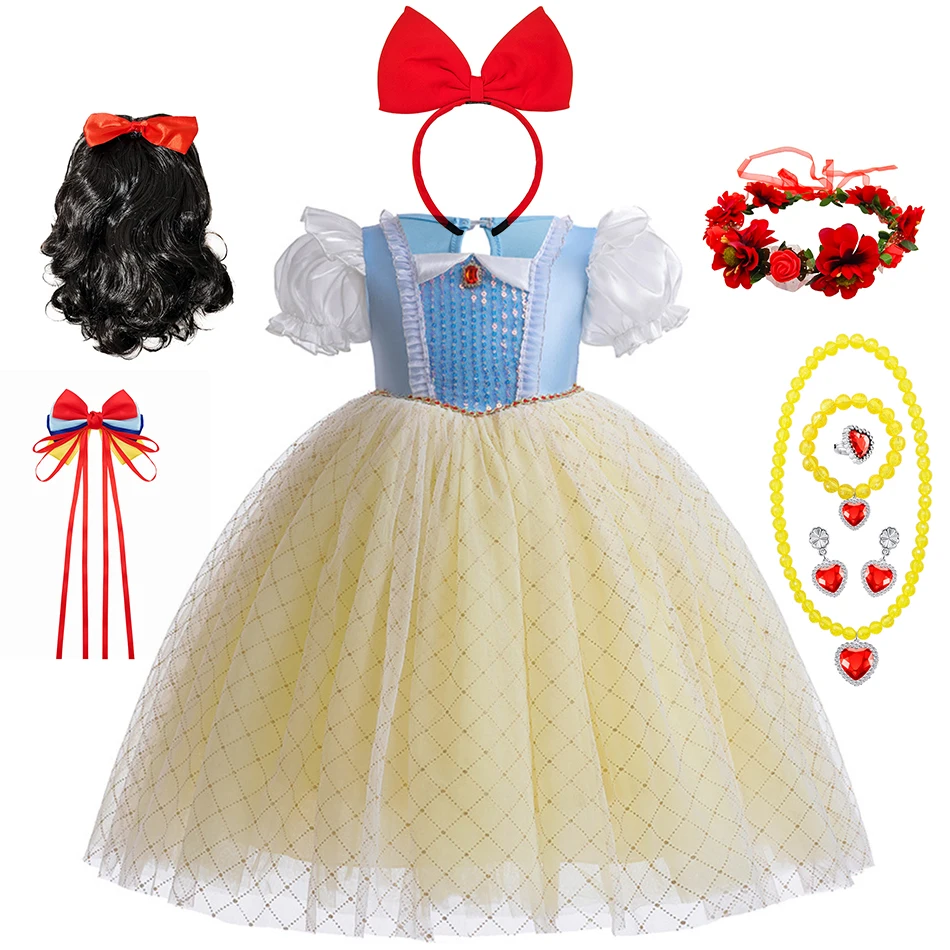 Vestido de princesa Blancanieves para niñas, vestido de malla con