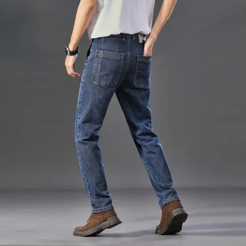2024 Six-Pocket Jeans Men's Convenient Cargo Jeans Trendy Brand Youth Straight Work Pants Slim Fit Large Pocket Men's Pants