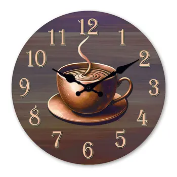 A Rustic Vintage Coffee Cup Smoke-Colored Wooden Wall Clock for Living Room, Bedroom, Kitchen, Home Decoration, Silent Quartz Clock, Holiday Gift, 10 Inches, 12 Inches (No Battery) 1