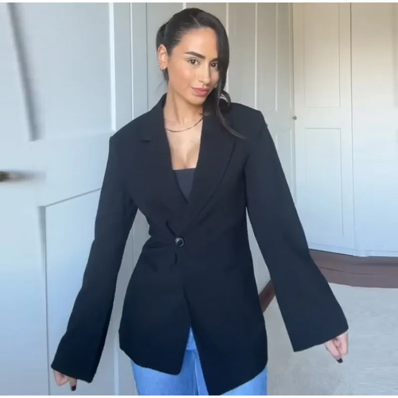 Elegant Metal Button Blazer Suit Women Slim V Neck Long Sleeve Fake Pocket Jacket Autumn Shoulder Pads Office Lady Outwear