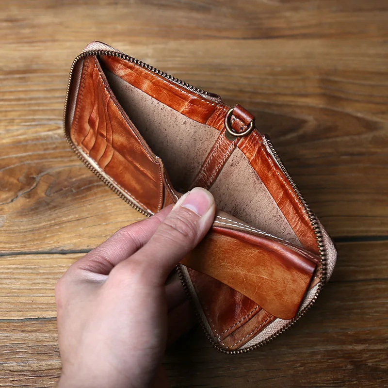 NZPJ Retro Men's Top Layer Cowhide Wallet Multi-Function  Tanned Genuine Leather Card Ladies Handmade Zipper Coin Purse