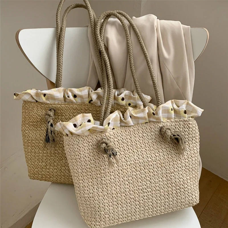 

2023 Women Handbag Summer Beach Bag Rattan Woven Handmade Knitted Straw Large Capacity Totes Leather Women Shoulder Bag