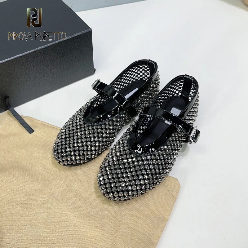 

Bling Bling Full Diamond Amazing Ladies Flat Ballerina Shoe Buckle Strap Round Toe Mesh Hollow Out Summer High End Brand Mules