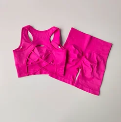 Women's High Waist Hip-Lifting Fitness Set with Stylish Back Sports Bra and Yoga Shorts - M (Rose Red)