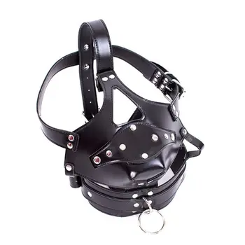 SM Slave Roleplay Headgear Fetish Leather Half Face Hood Masks With Penis Gag,BDSM Bondage Head Wrap,Hollow Hood Masks, Sex Toys 5