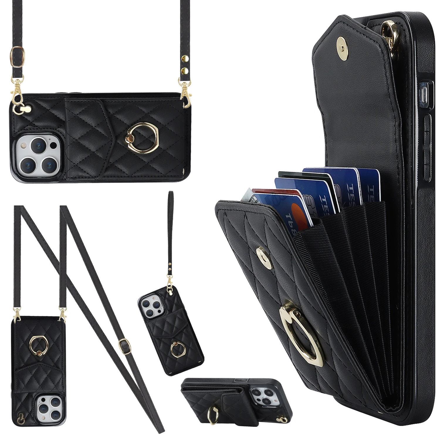 thumbnail image 1 of Funda de cuero con soporte para anillo y cordón cruzado para iPhone 13, 14, 15, 16 Pro Max, 12, 11, XS Max, XS, 8, 7 Plus, funda tipo billetera con ranuras para varias tarjetas, 1 of 5