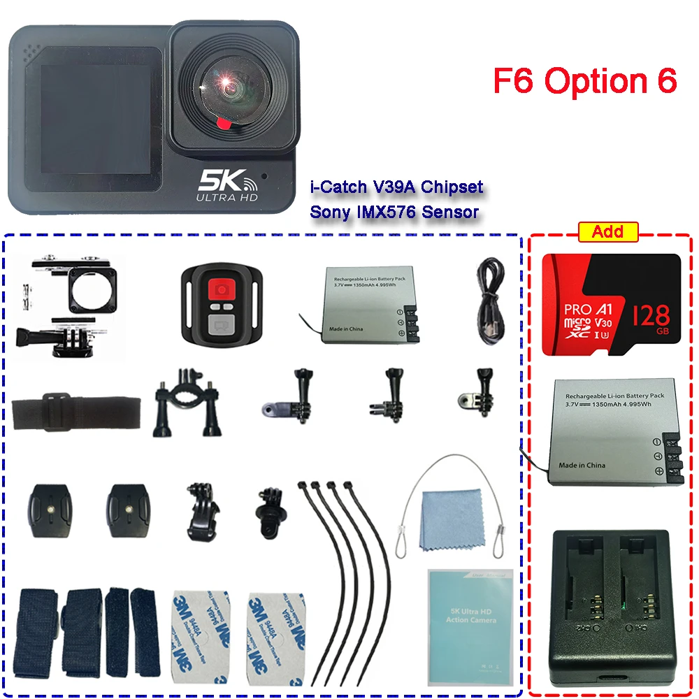 thumbnail image 1 of Cámara de acción con micrófono inalámbrico F6W, 5K, 4K60FPS, 48MP, 2,2 ", LCD táctil, EIS, pantalla Dual, Wi-iFi 170D, resistente al agua, 30M, 8X, Zoom, cámara preescolar, 1 of 4