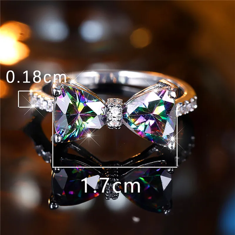 Luxury Female Rainbow Stone Bowknot Engagement Ring Trendy Silver Color Bride Wedding Jewelry Gift For Women