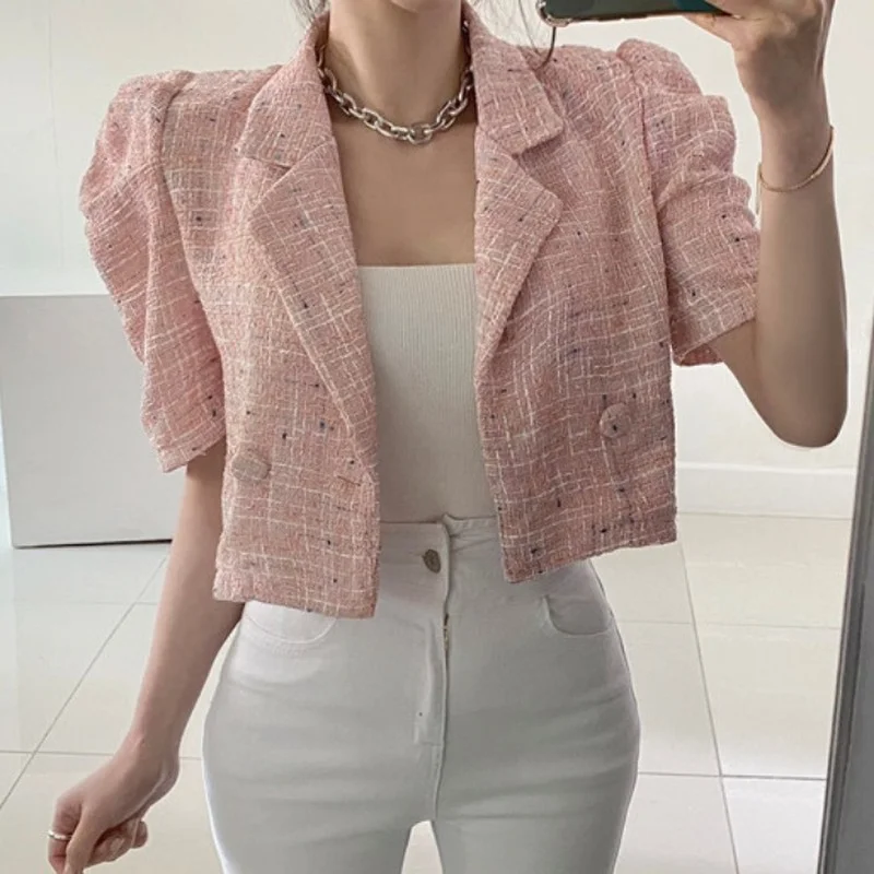 Short Sleeve Lapel Tweed Jacket 