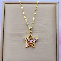 Fashion Color Five-Pointed Star Inset Zircon Pendant Necklace Copper Plated Real Gold Clavicle Chain Jewelry Souvenir Gift