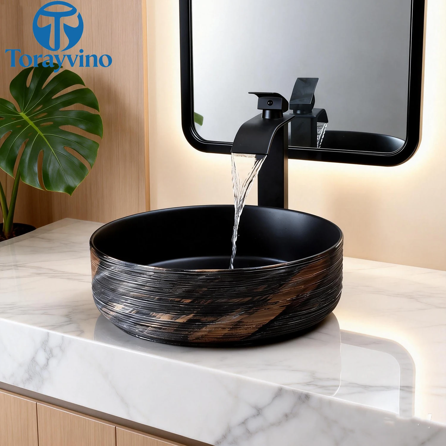 ชุดอ่างล้างหน้าทรงกลม Torayvino พร้อมก๊อกน้ำเซรามิกสำหรับห้องน้ำ อ่างล้างหน้าแบบวางบนเคาน์เตอร์ อ่างล้างหน้าแบบตั้งพื้นหินอ่อนสำหรับภายนอกอาคาร 1