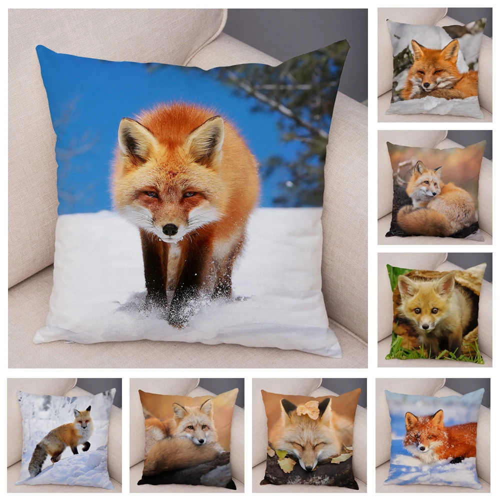 

Cute Wild Fox Printed Cushion Covers for Sofa Home Car Decor Lovely Animal Pillowcase 45*45cm Cartoon Short Plush Pillow Case