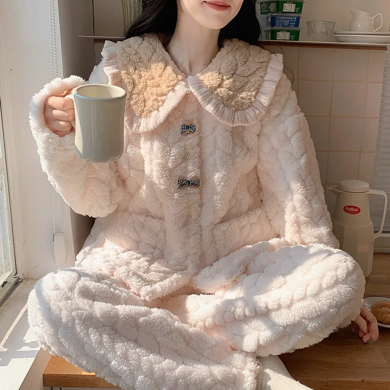 Flannel Pajamas Set Women Winter Warm Single Breasted Pyjamas Long Sleeve Trousers Turn-down Collar Sweet Elegant Thicker Pijama classical winter women coats fashion ol lady s turn down collar long sleeve single breasted sashes lace up jackets streetwear