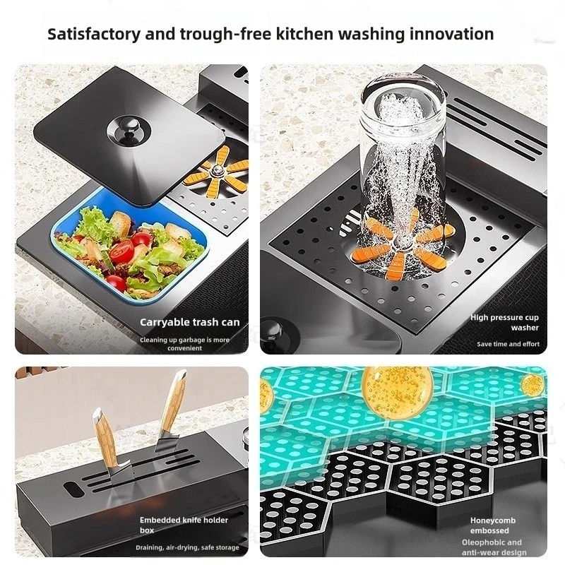 Stainless Steel Kitchen Sink with Trash Can Embossed with Waterfall Faucet Digital Display Large Single Solt Dishwashing Sinks 5