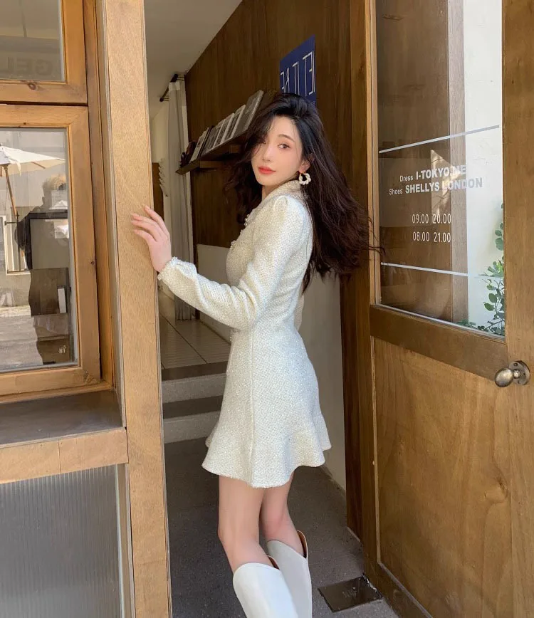 Elegant Short Dress European Style Tweed Lapel Beading Button Long Sleeve Fashion Dresses For Women 2025 Spring Summer 9896