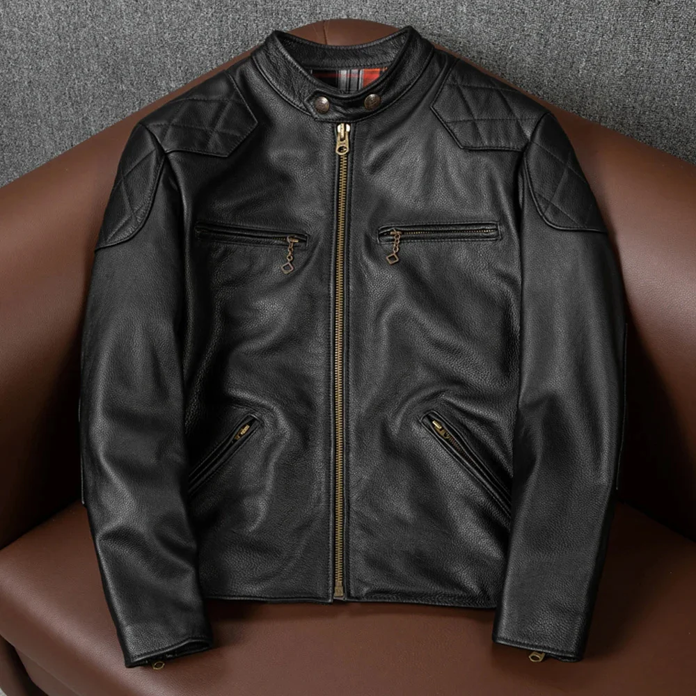 

Мужской кожаный жакет с воротником-стойкой, приталенный короткий жакет из натуральной воловьей кожи, верхняя часть, мотоциклетный костюм, большие размеры