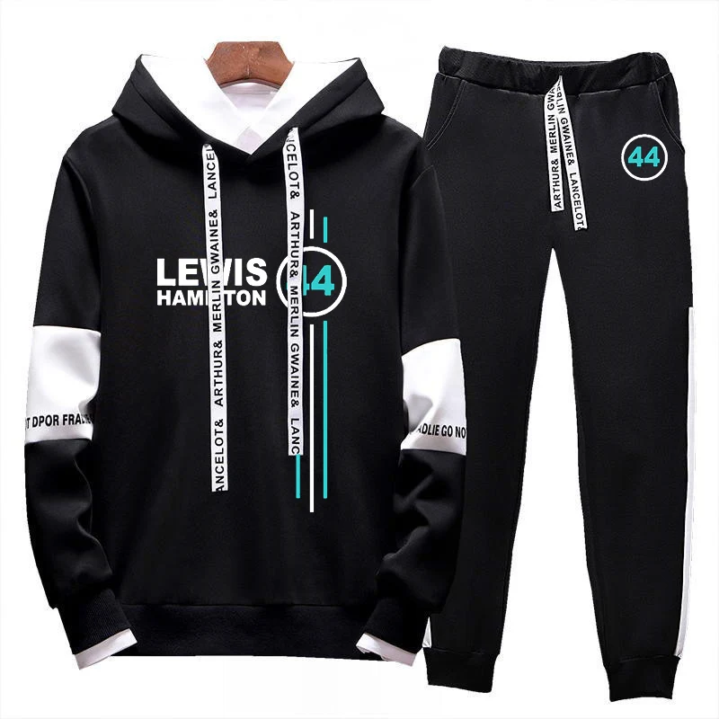 Spring and autumn men's new F1 driver lewis hamilton number 44 logo printing tricolor with sportswear hooded sweatshirt sweatpan