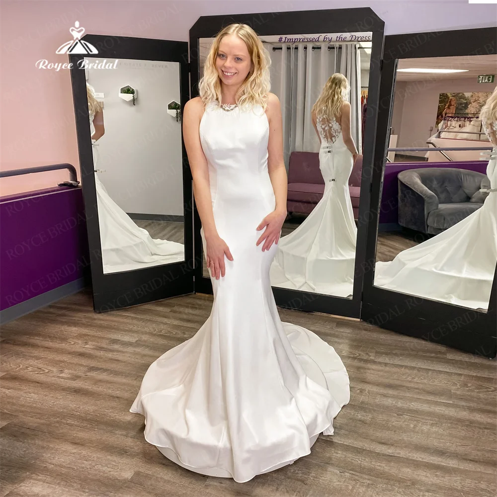 

Roycebridal Special Applique O Neck Wedding Dress Satin Mermaid Sleeveless Illusion Lace Back Button Bride Gowns For Women