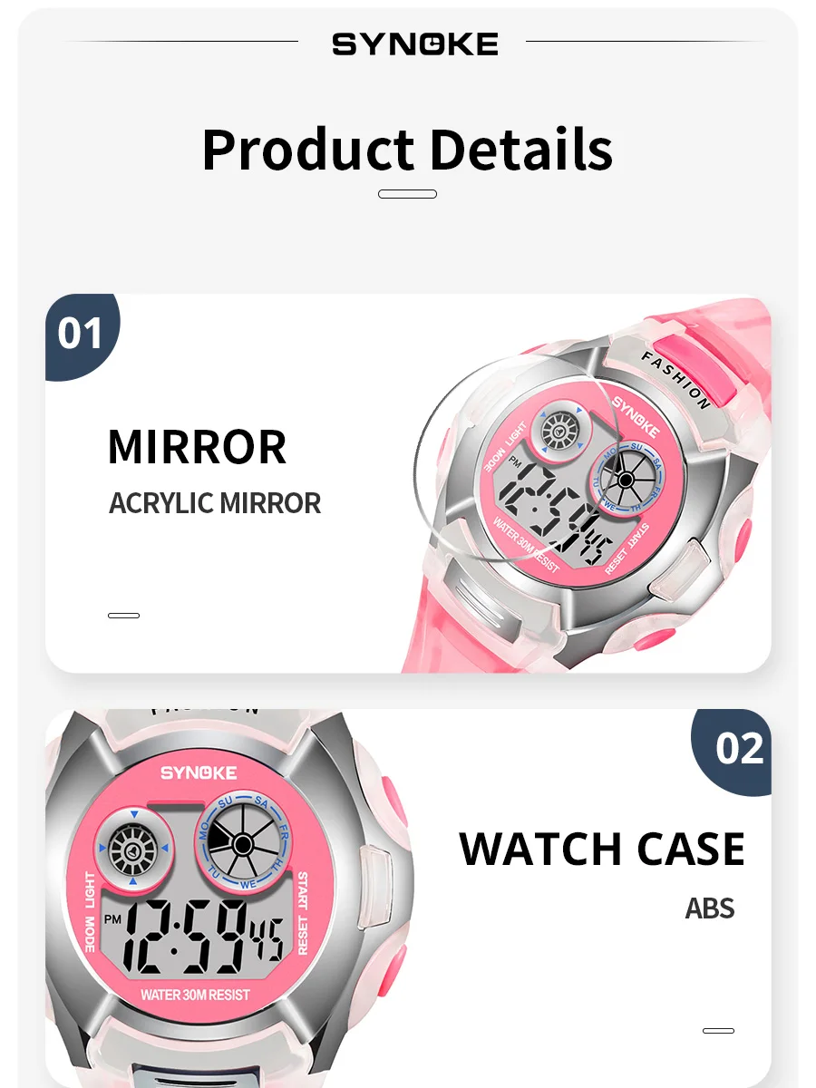 Synoke student elektronische uhr wasserdicht sport kinder uhr leuchten multi funktion digital uhr sieben farben licht geschenk – Detail 9