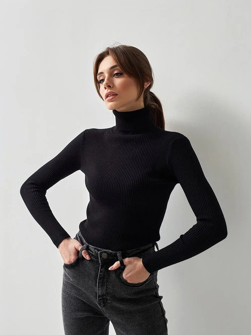 S6d3af40fe9284426a478f88ae99740a1G Basic Mock Neck Ribbed Sweaters for Women Cute Sexy Knitted Autumn Winter Warm Fitted Fashion Pullover Sweater Mallzona