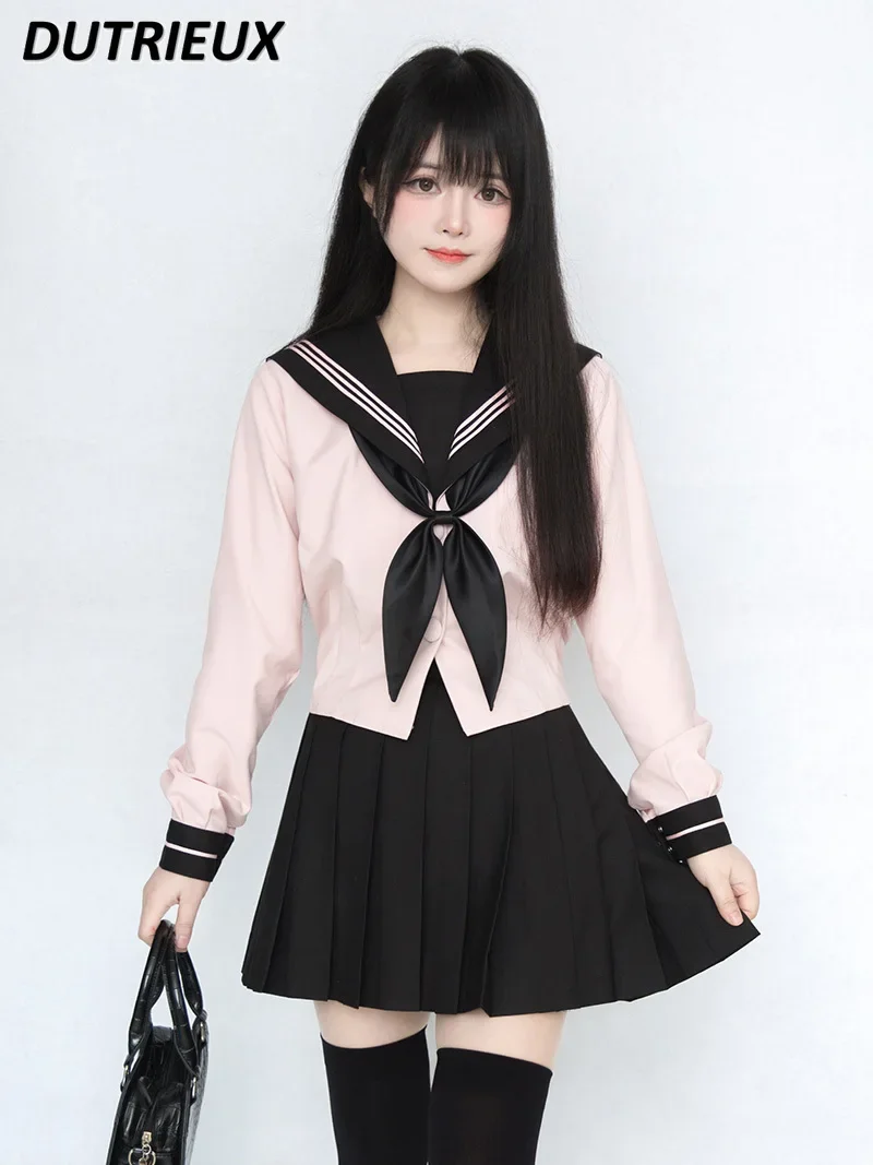 

JK Sailor Suit Spring Long Sleeve Shirt and Short Skirt Waist-Tight Black Pink Suits Preppy Style Hot Girl Sweetheart Outfits