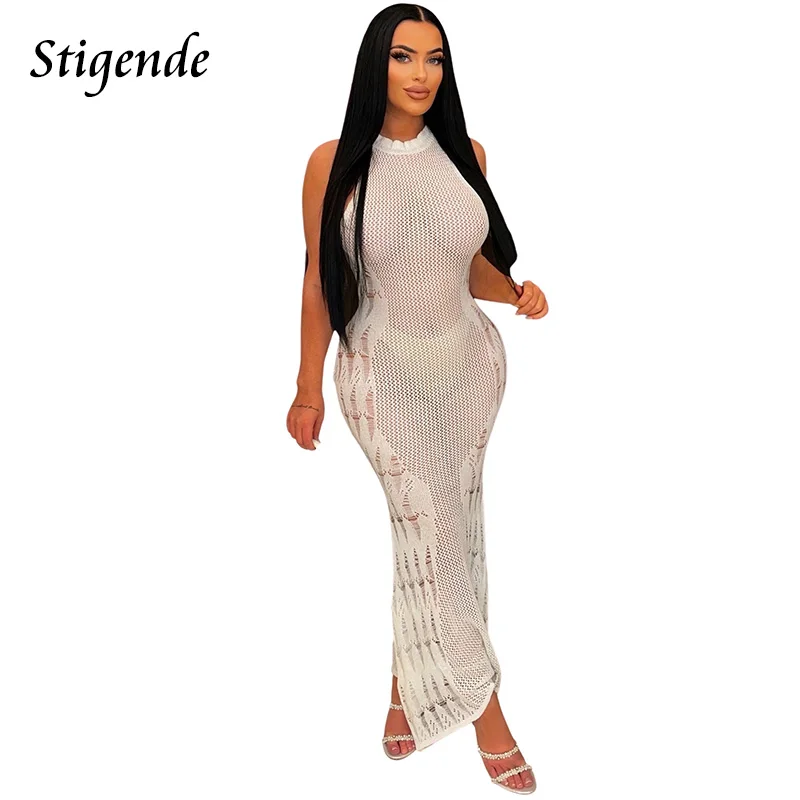 

Stigende Hollow Out Sleeveless Cover Up Long Dress Knitted Crochet Summer Beach Sundress Ladies Sexy See Through Mesh Swimwear