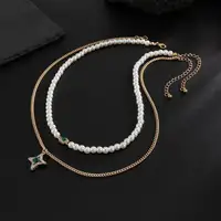 KunJoe 2Pcs/Set Retro Imitation Pearl Choker Necklace for Men Hip Hop Green Rhinestone Star Pendant Necklace Fashion Jewelry New - Image 4
