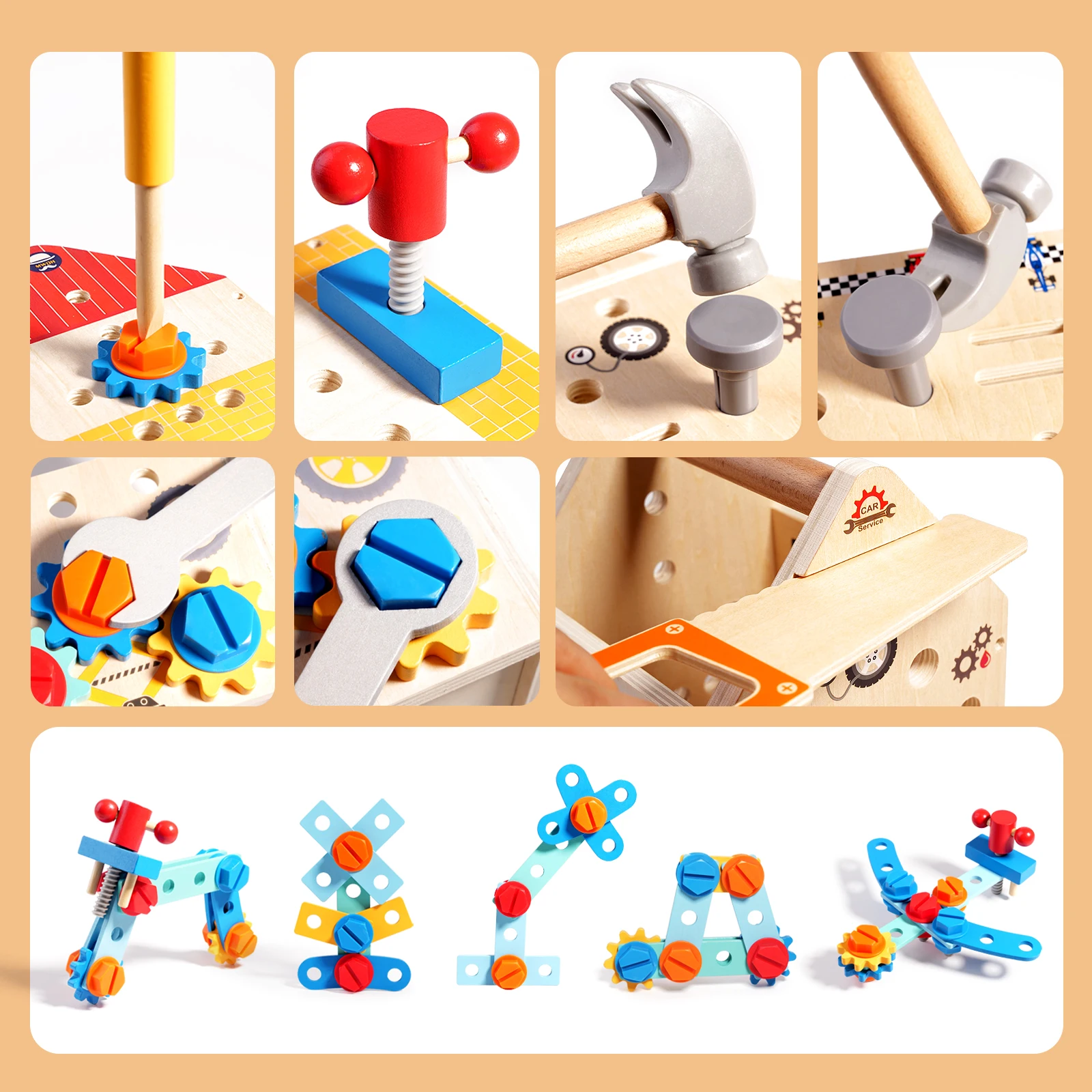 Kids Wooden Tool basket Pretend Play Set Nut Disassembly Screw Assembly Simulation Repair Carpenter  Montessori Education Toys 6