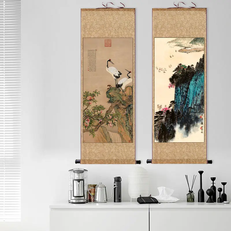 

Chinese Style Scroll Hanging Painting Tea House Classical Calligraphy and Painting Famous Wall Art Home Office Accessories