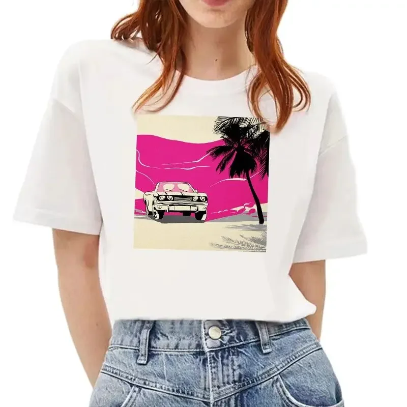 

Summer New European Style Car Print Short Sleeve Women's Crewneck Tees ashion Casual Girl Tshirt Aesthetic Clothes Y2k Top