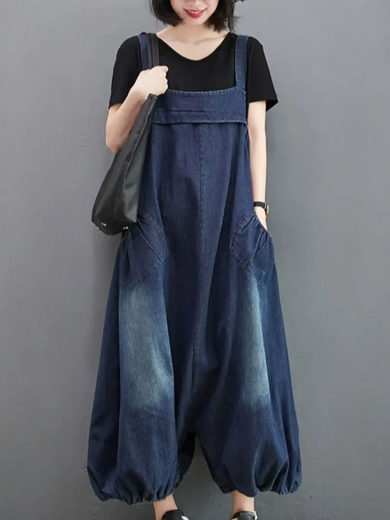 

Denim Strap Pants Women's 2023 Summer New Oversized Korean Loose Fashion Lantern Wide Leg Bodysuit Female Mono Mujer