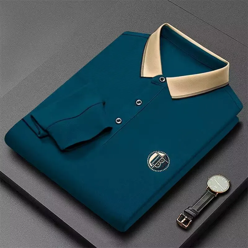 

New Luxury Striped Collar Polo Shirt Men's Long Sleeve T-shirt Fashion Brand Solid Polo Collar Men's Youth Top