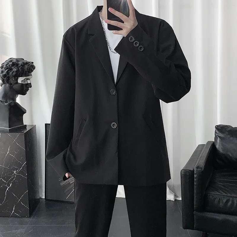 남성용 캐주얼 단색 루즈 긴팔 정장 재킷, 남성용 스트리트웨어, 데일리 아우터, 가을 정장 상의, 시크한 블레이저