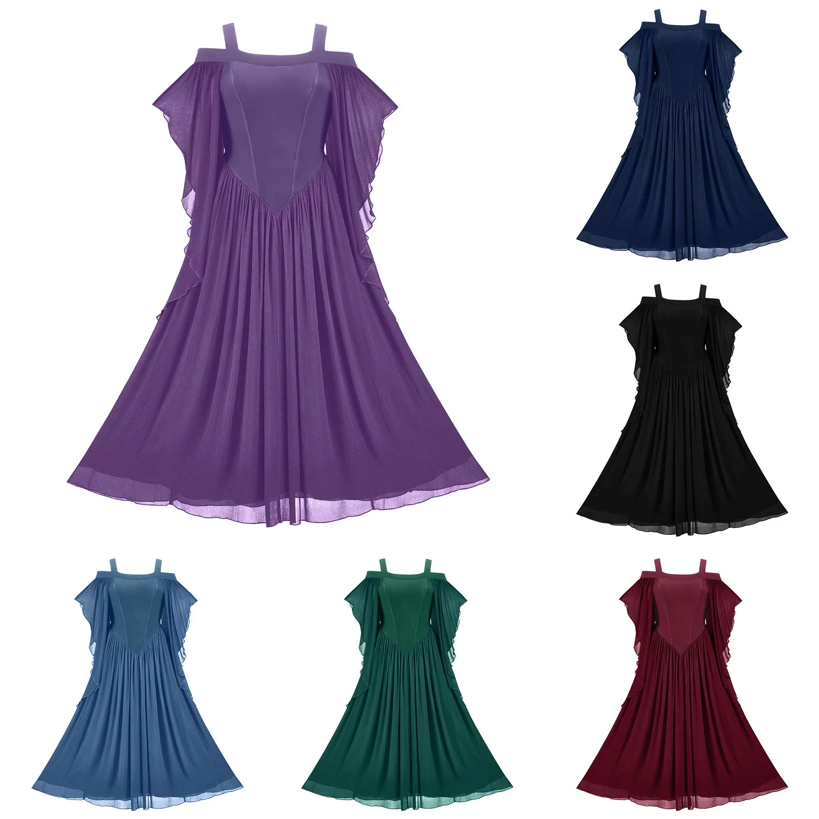 

Women's Solid Color Suspender Pleated Long Skirt Gothic Punk Style Spliced Off The Shoulder Dress Kazuichi Souda Cosplay Costume