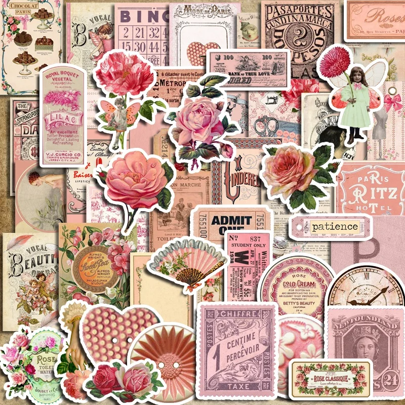 45PCSVintagePlantPinkFlowerStickerDIYScrapbookingBaseCollage