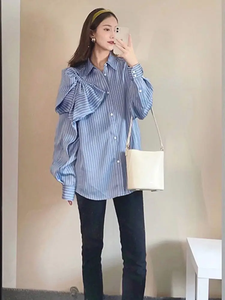 Big Bow Shirts Womens Original Design Turn Down Collar Long Sleeve Striped Blue Tops Boy Friend Style Button Up Loose Blouses