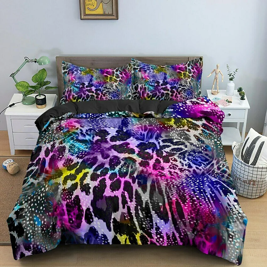 Women Rainbow Cheetah Printed Bedding Set Twin Colorful Leopard Printed Duvet Cover Set Psychedelic King Quilt Cover Decorative