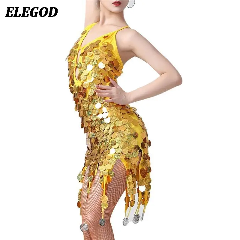 Women Sequins Coins Latin Dance Dress Ladies Girls Shiny Tassel Salsa Tango Cha Cha Rumba Samba Practice Training Costumes Set dance dress