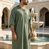 2026 Men's Moroccan Embroidered V-neck Robe Muslim Fashion Abayas with Side Pockets Arab Islamic Clothing Robe Eid Ramadan Dress