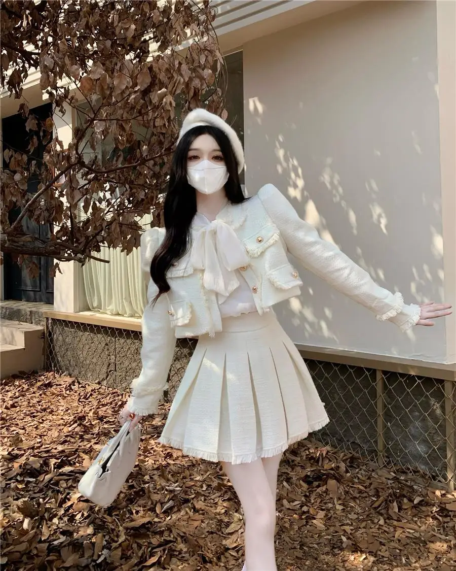 Autumn New French Vintage Tweed Two-Piece Skirt Set Women Short Jacket Coat + Pleated Mini Skirt Suits Korean Luxury Outfits
