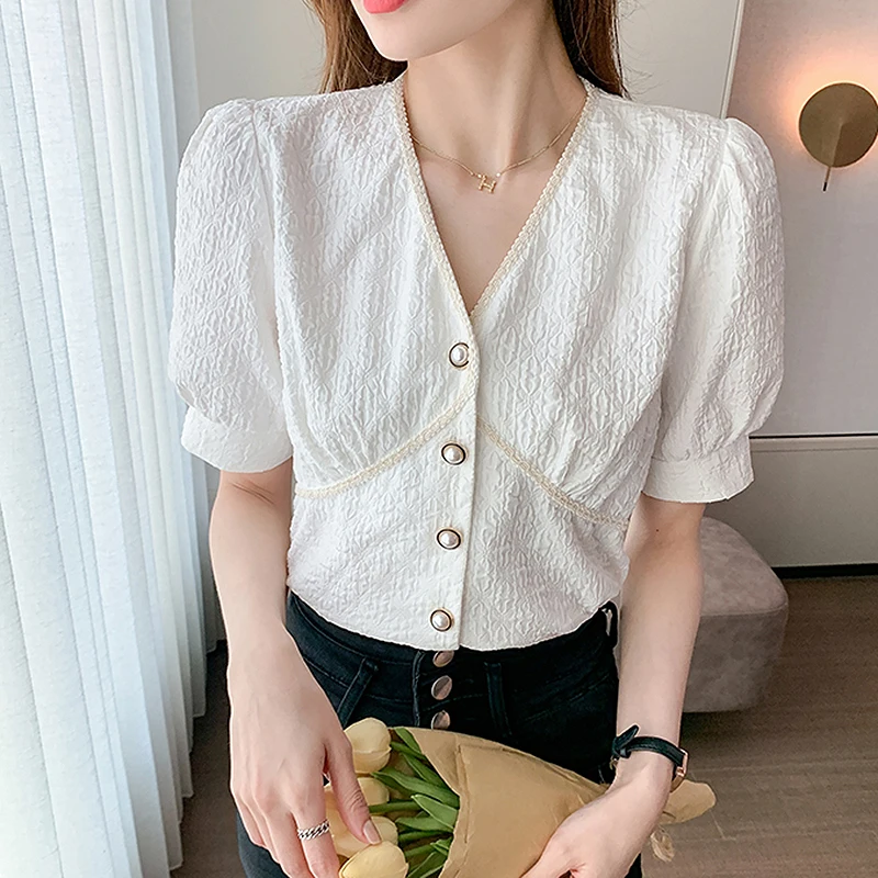 

GGRIGHT Solid V Neck Button Up Vintage Shirts Blouses Tops Women Camisas De Mujer Chemise Femme Fashion Summer Clothing 2022