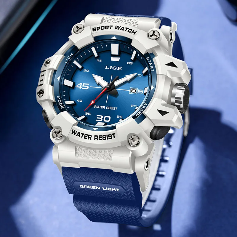 LIGE Luxury Men's Quartz Wristwatch Fashion Blue Silicone Waterproof Big Dial Watch Men Military Sports Luminous Watches For Men