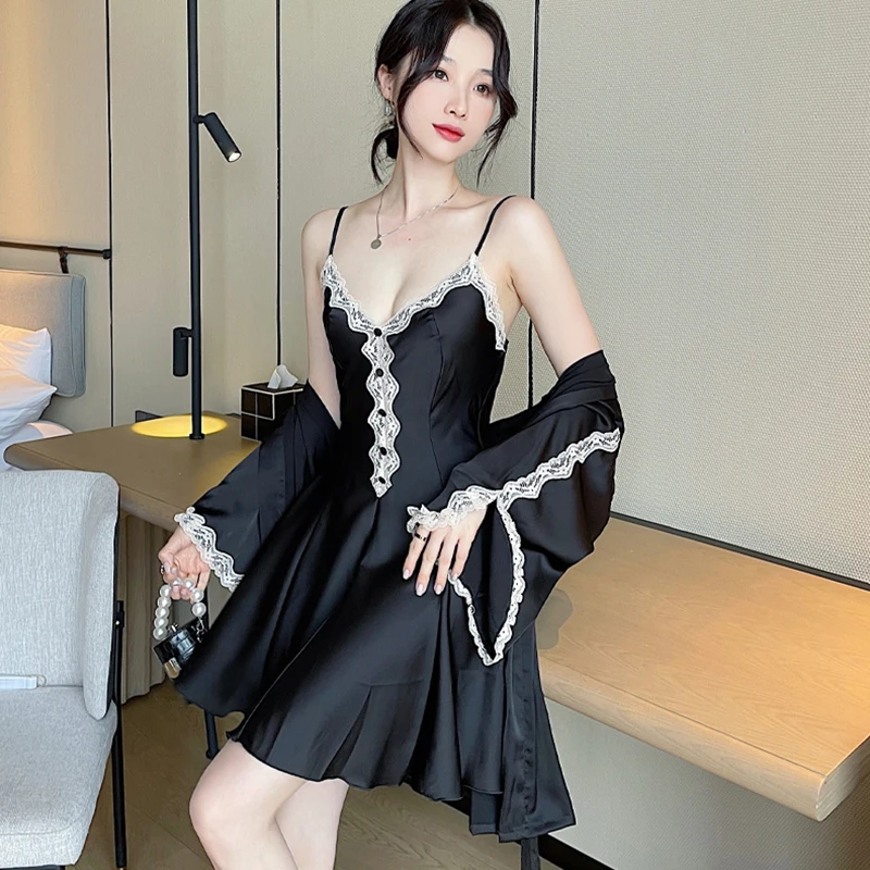Nightdress nightgown female summer imitation silk consling pyjamas sexy temptation ice silk set