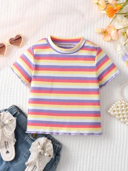 T-shirt a maniche corte per ragazze Strisce estive Abbigliamento Comfort Bambini 1-8 anni Top a mezza manica Bambini Casual Abbigliamento da esterno per bambini 1