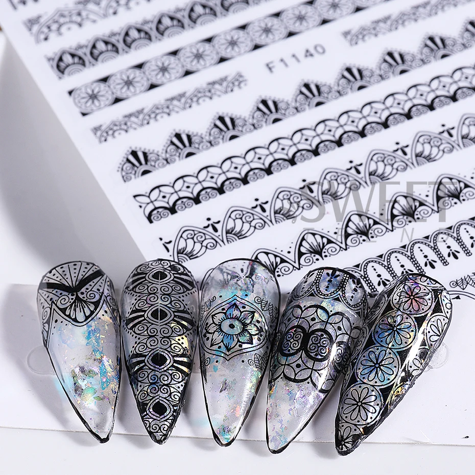 6pcs Black Lace Nail Sticker Elegant Fashion Geometric Lace Ribbon Petals Bohemian DIY Manicure Decals Sliders Nail Decoration
