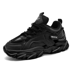 Men's Breathable Casual Sneakers with Thick Soles for Outdoor Comfort (Black - Leather)