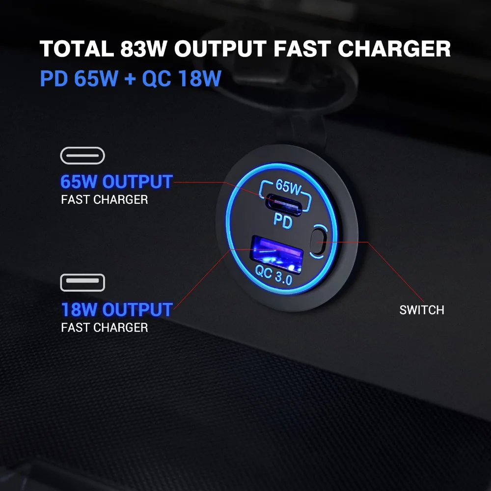 83W 12V USB 콘센트 노트북 충전기 65W USB-C PD3.0 & 18W QC3.0 RV 자동차 용 전원 스위치가있는 멀티 자동차 USB 포트 소켓 방수