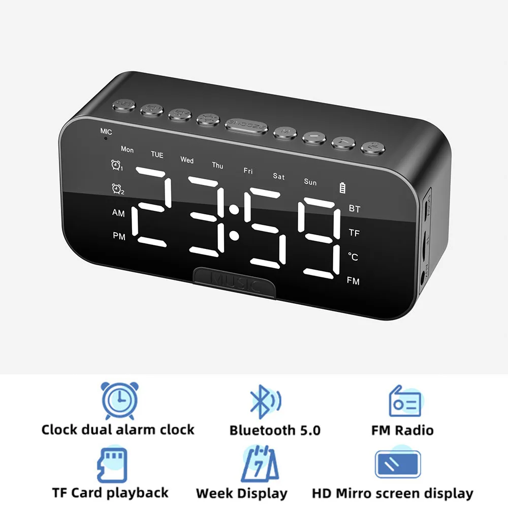 Bluetooth Speaker Digital Alarm Clock Large LED Mirror Screen